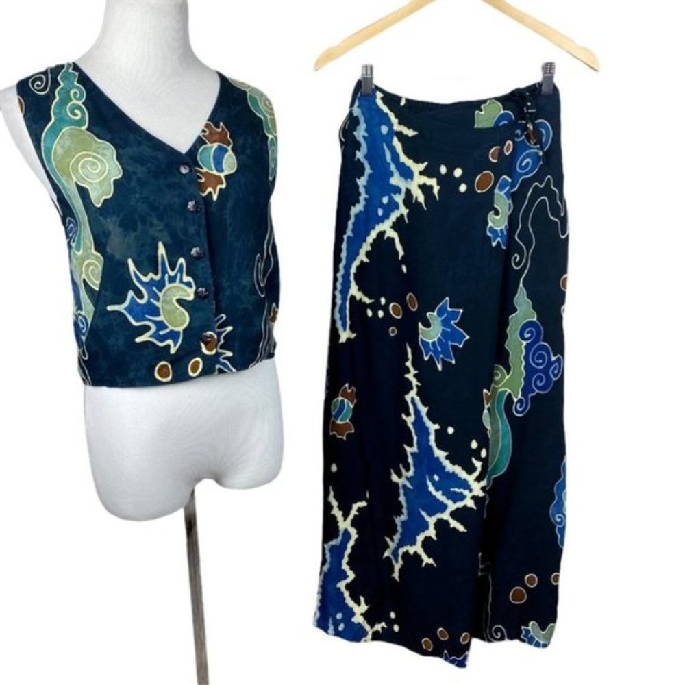 Serendipity 2-Piece Set S Maxi Faux Wrap Skirt Tank Top‎ Boho Navy Island Chic